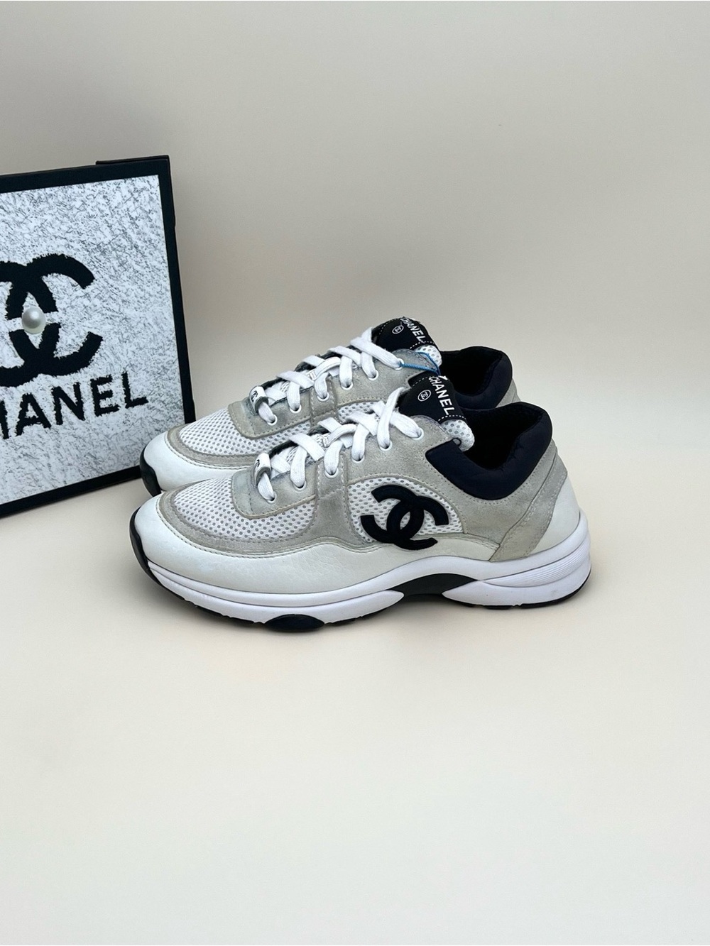 CHANEL White, Light Gray & Black CC Logo Runner Sneakers - Women